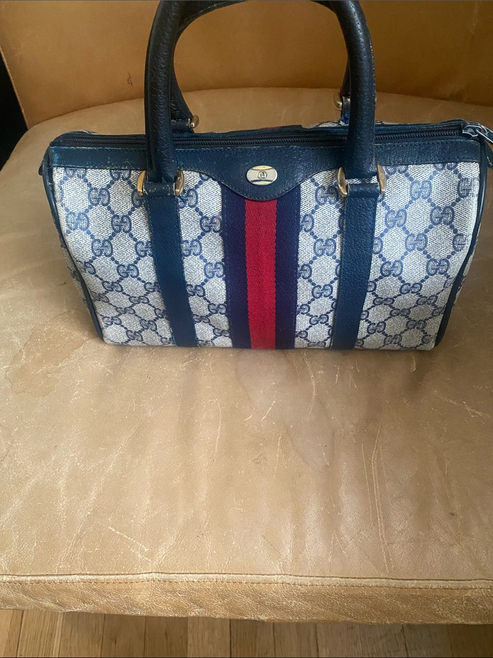 Gucci Navy GG Supreme Canvas Satchel with Red and Navy Web Stripe